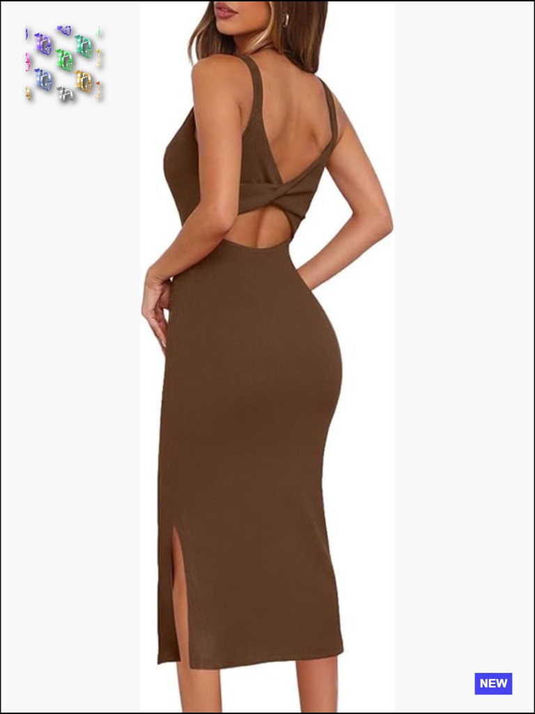 Sleeveless Twist Backless Knitted Ribbed Side Split Bodycon Party Midi Dress